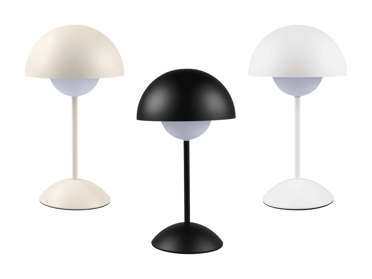 Tre bordlamper i hvid, beige og sort med kuppelformede skærme og baser.