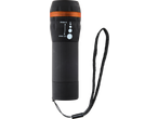 Lanterna LED CRIVIT preta com função de zoom e alça de pulso.