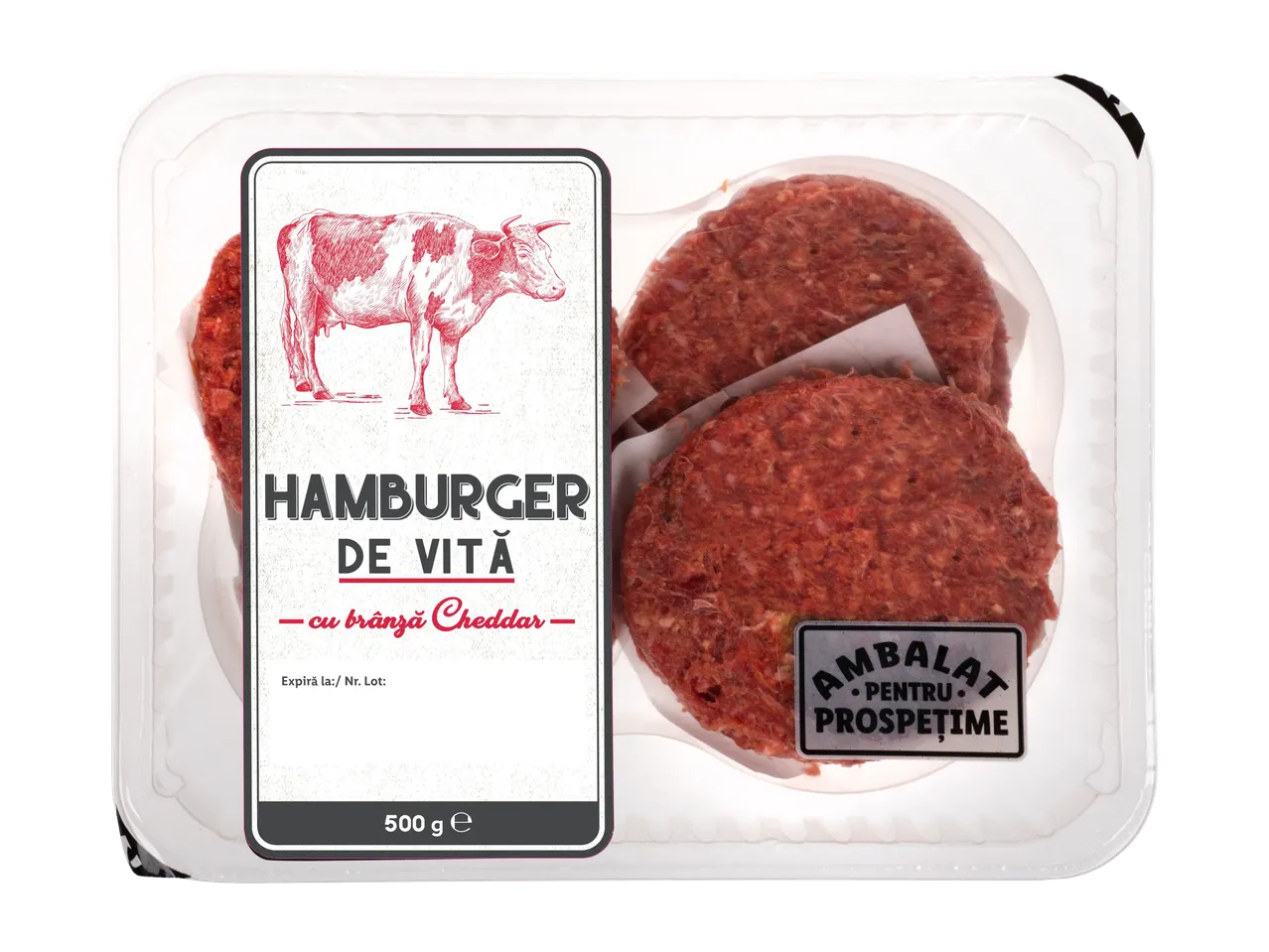Pachet de burgeri de vită cu brânză Cheddar, 500g, cu o ilustrație de vacă și eticheta „Ambalat pentru prospețime”.