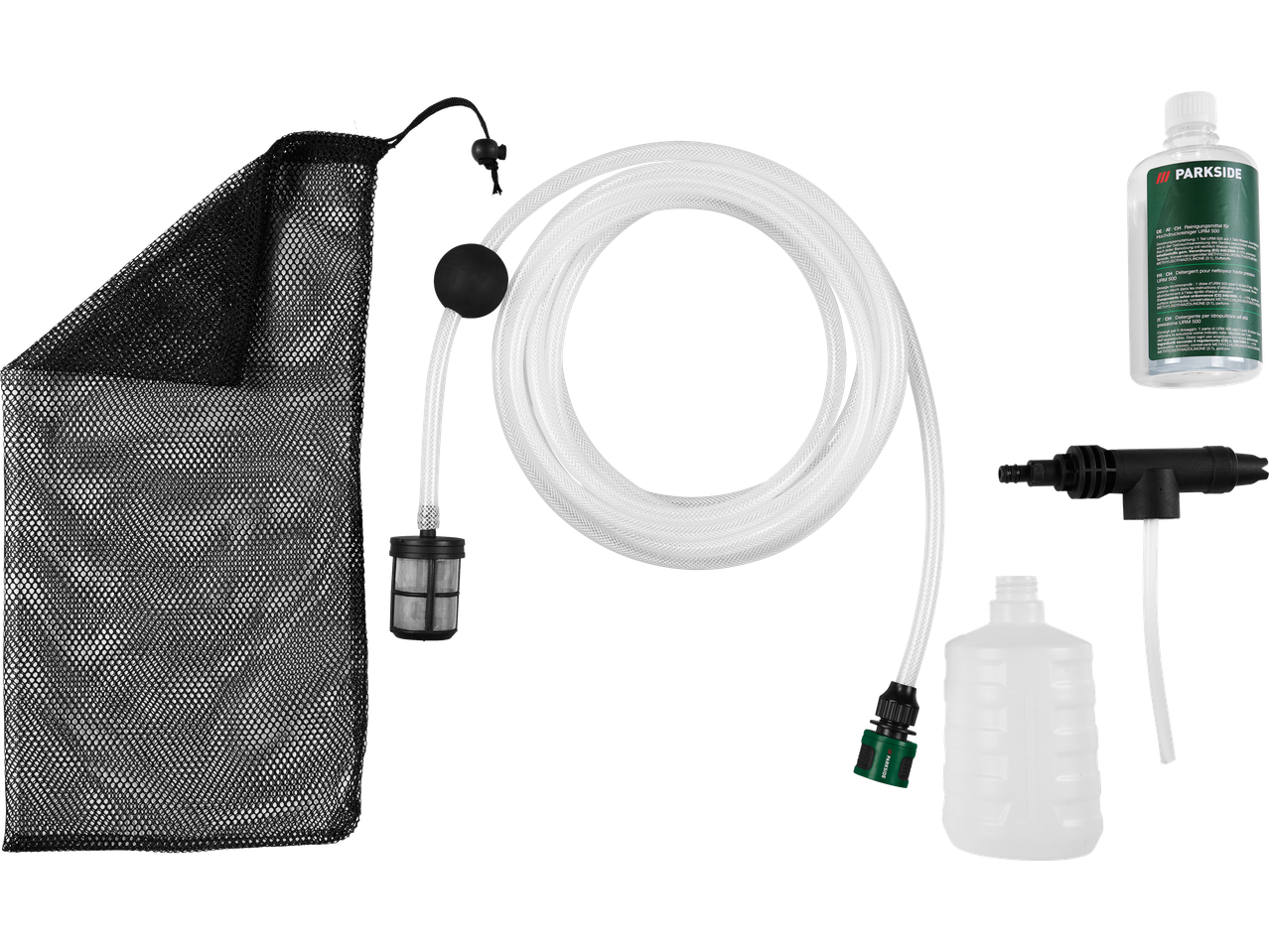 PARKSIDE pribor za visokotlačni čistač: crijevo, sredstvo za čišćenje i mrežasta vrećica.