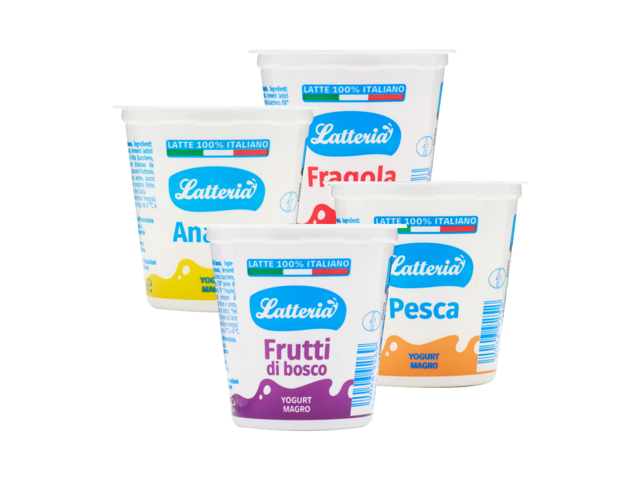 Yogurt Latteria: fragola, pesca, frutti di bosco.