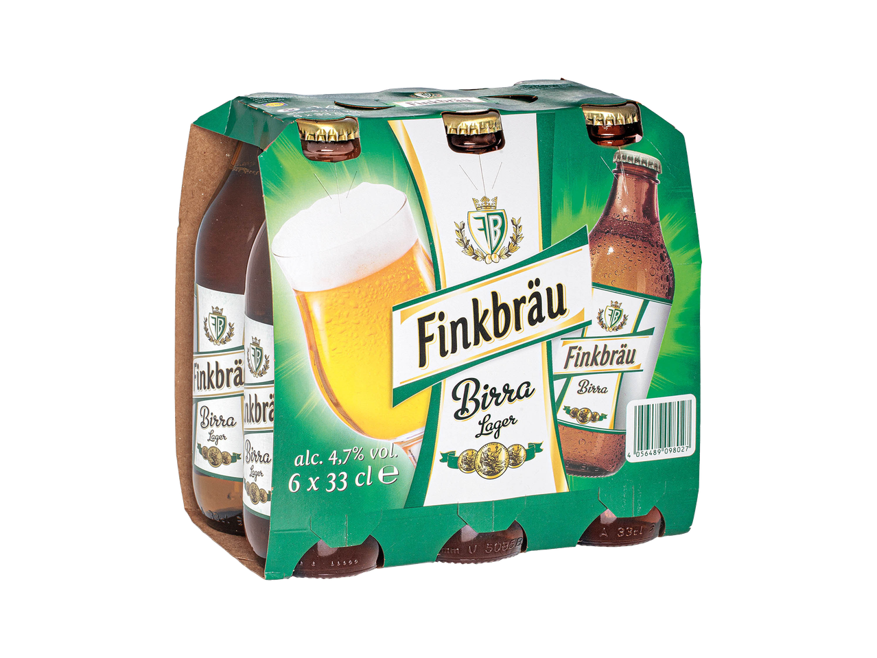 Six-pack of Finkbräu Pils beer bottles.