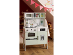 Lupilu wooden play kitchen with microwave, oven, and refrigerator in a child's room.