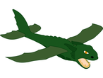 Un dragon verde zburător cu dinți ascuțiți și aripi.