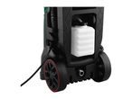 A black pressure washer with a detachable detergent tank and wheels.