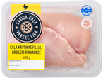 Pakendatud kana rinnafilee sildiga, mis näitab 500g kaalu ja kvaliteedimärke.
