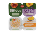 Iogurte Milbona Bifidus 0% matéria gorda e açúcares adicionados, sabor pêssego com pedaços de fruta.