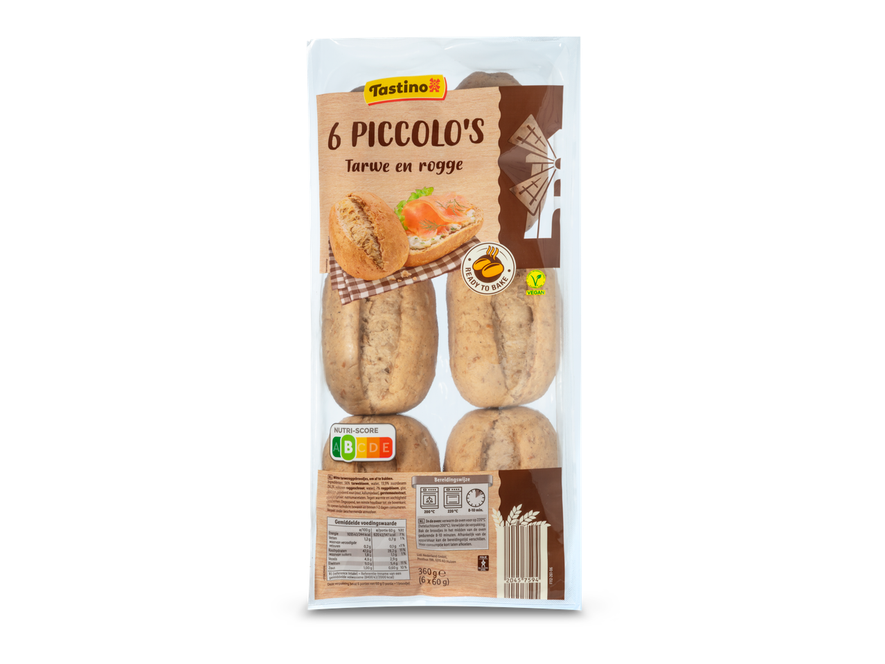 Tastino's 6 Piccolo's tarwe en rogge broodjes, klaar om te bakken.