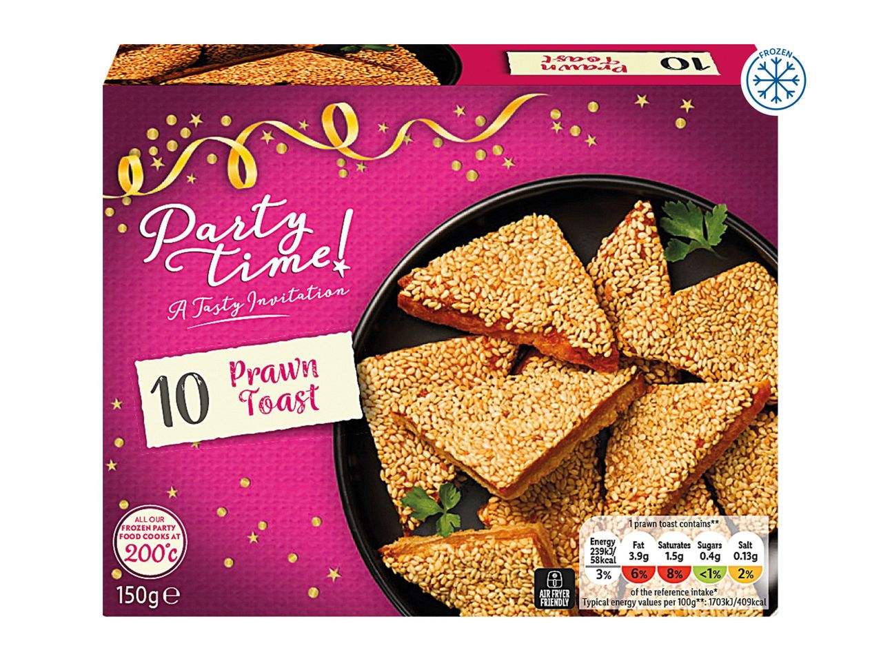 Lidl Party Time Prawn Toast, frozen, 10 pieces, 150g, with nutritional information.