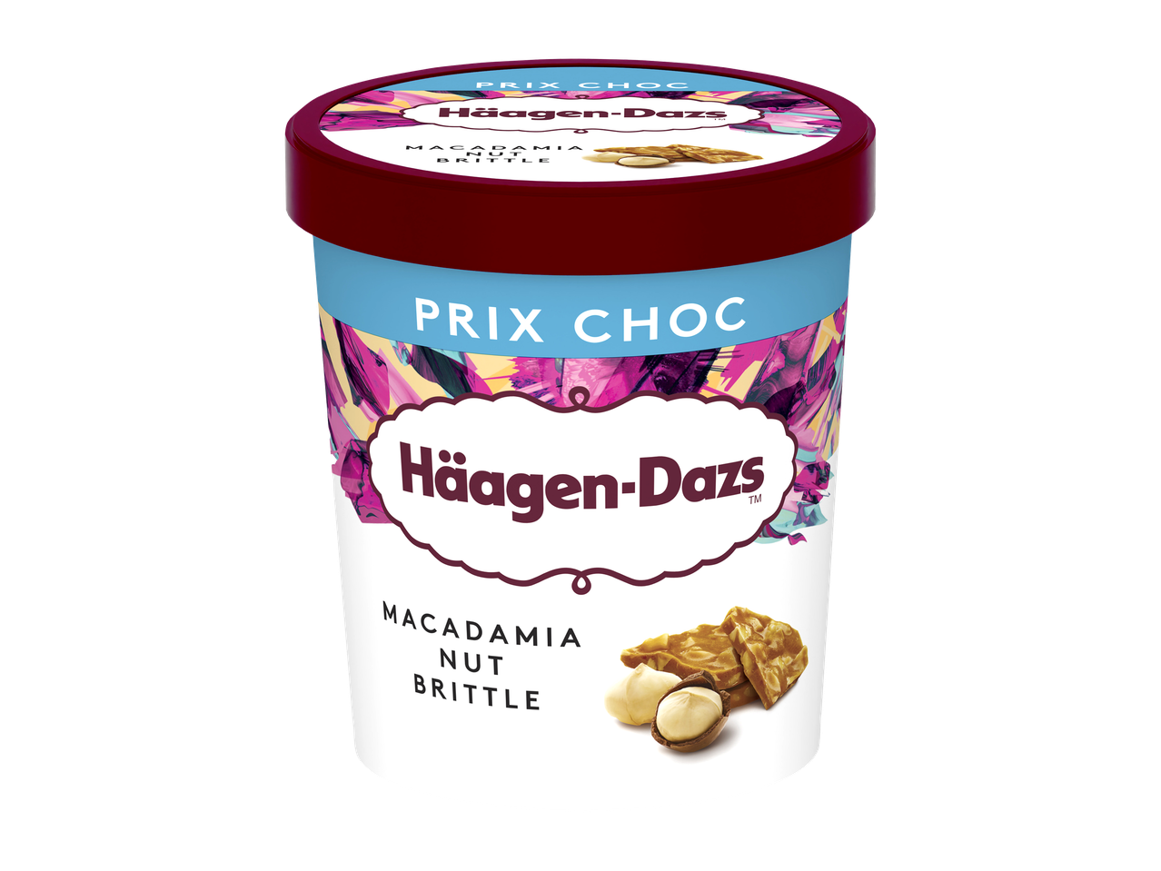 Pot de crème glacée saveur macadamia et nougatine.