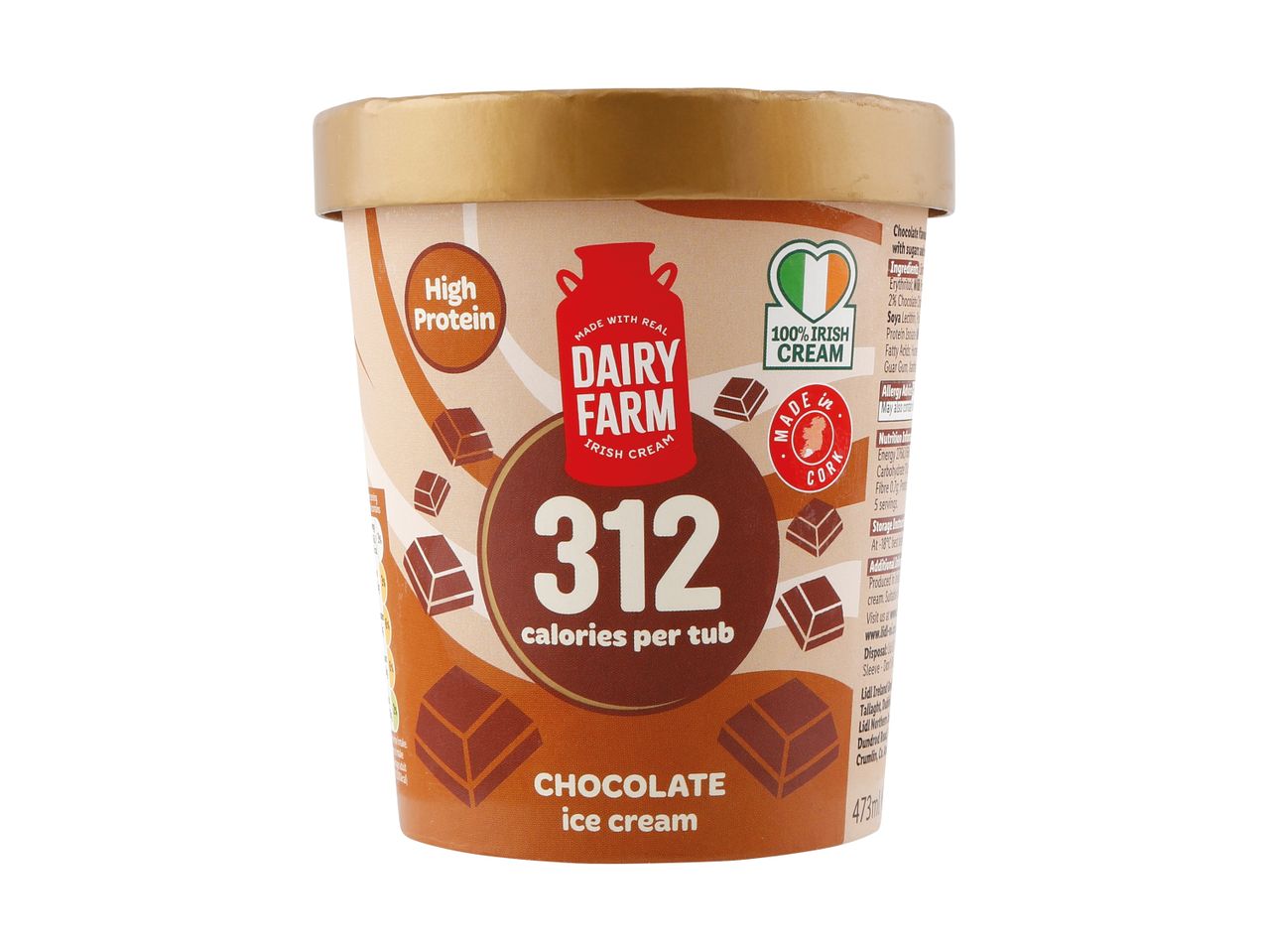 Chocolate ice cream tub with 312 calories per tub, high protein, and made with Irish cream.