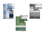 Drei Bettwäsche-Sets in Blau, Grün und Grau mit passenden Kissen.