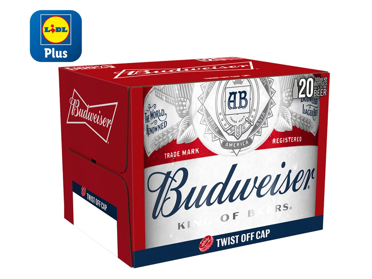 A 20-pack of 300ml Budweiser beer bottles in a Lidl Plus branded box.