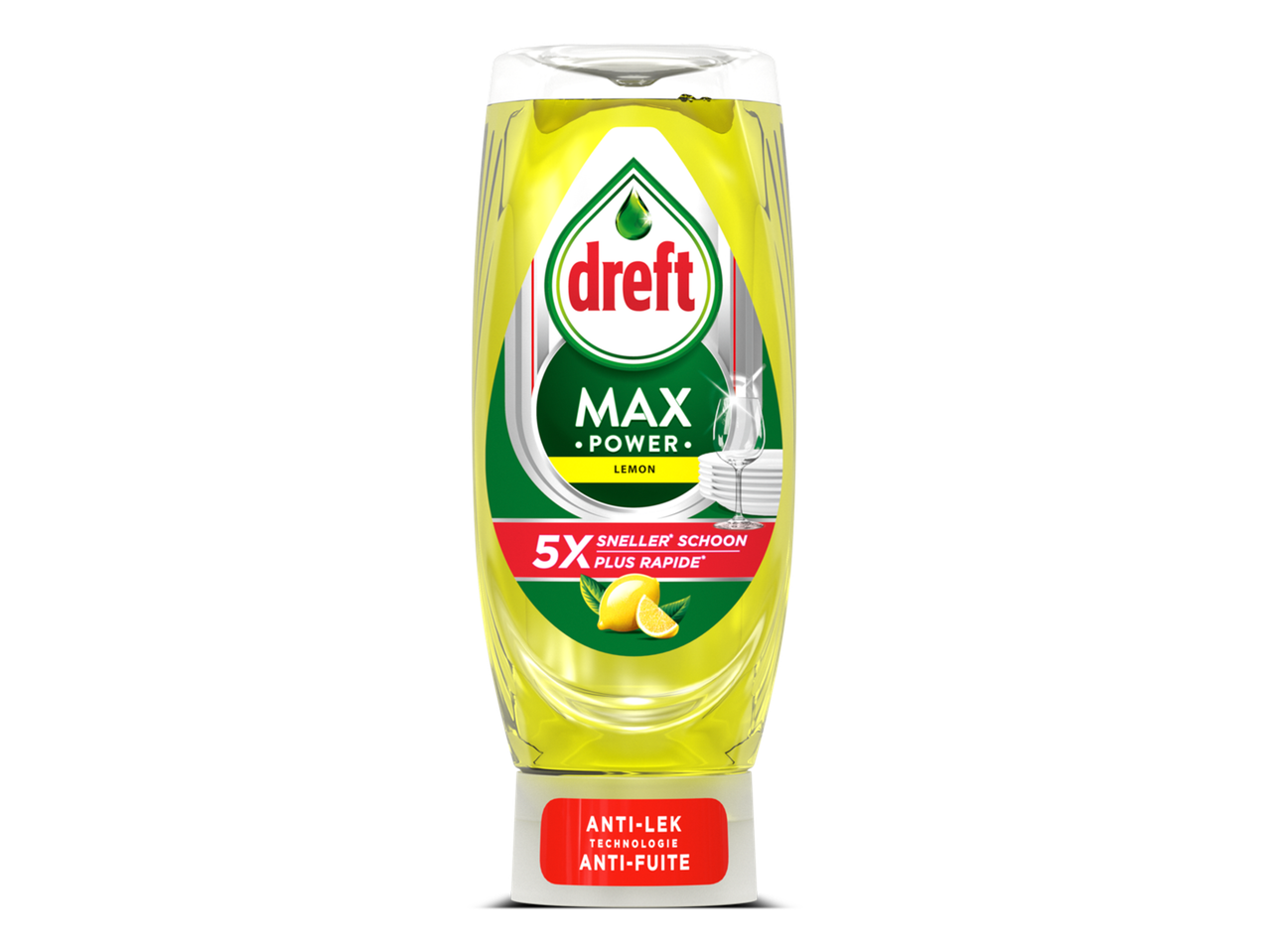 Fles afwasmiddel met citroengeur, 5x sneller schoon en anti-lek technologie.