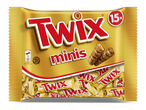 Goudkleurige verpakking met 15 mini-chocoladerepen, met een doorgesneden reep die de karamelvulling toont.