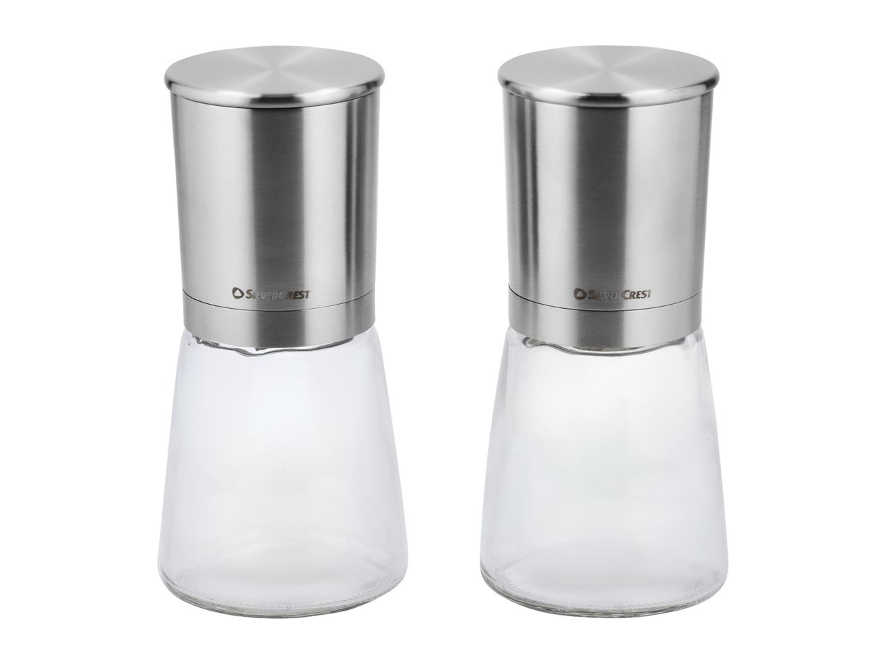 Two stainless steel and glass spice grinders with brushed metal tops.