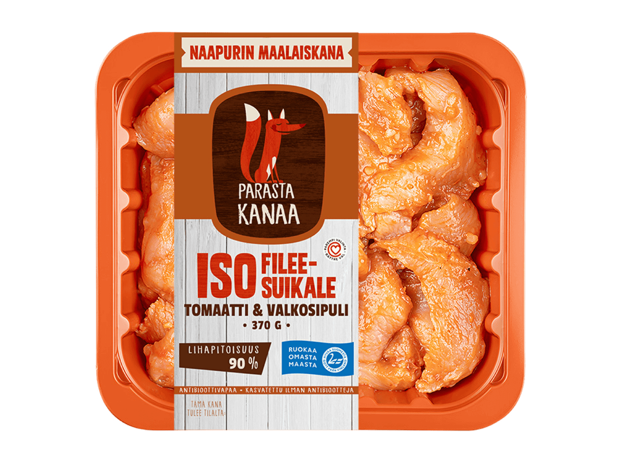 Oranssissa pakkauksessa tomaatti-valkosipulimarinoituja kanasuikaleita, jossa on 90% lihapitoisuus.