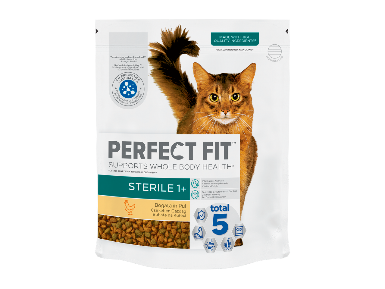 Hrană uscată pentru pisici sterilizate, cu pui, pentru vitalitate și controlul greutății.