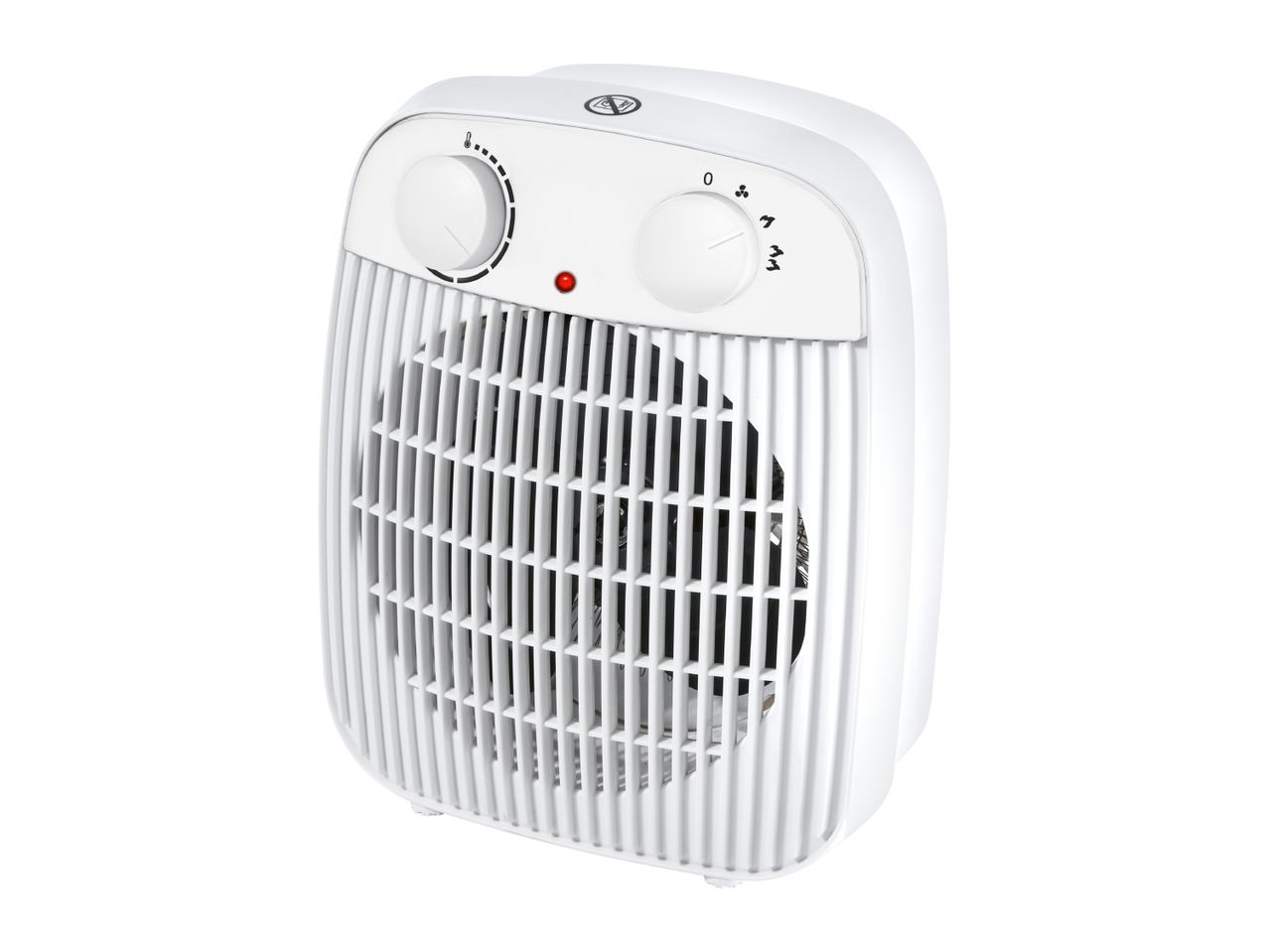 White electric fan heater with two control knobs and a red indicator light