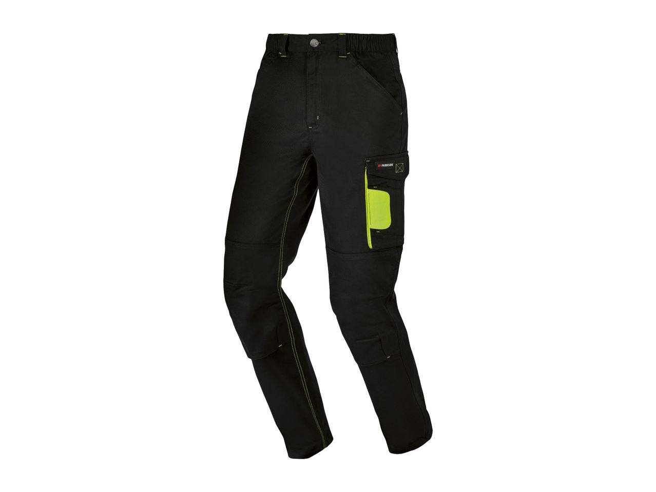 Black work trousers with neon yellow accents and stitching