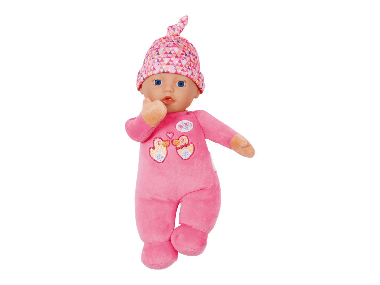 BABY born -pehmonukke vaaleanpunaisessa haalarissa ja kuviollisessa myssyssä