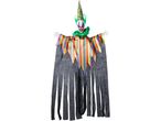 Decorazione di Halloween a forma di clown spaventoso con cappello a punta e abito a strisce colorate.