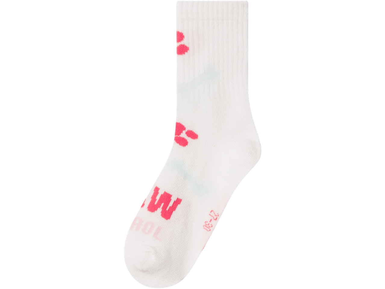 Bele čarape sa ružičastim otiscima šapa i natpisom 'PAW PATROL'.