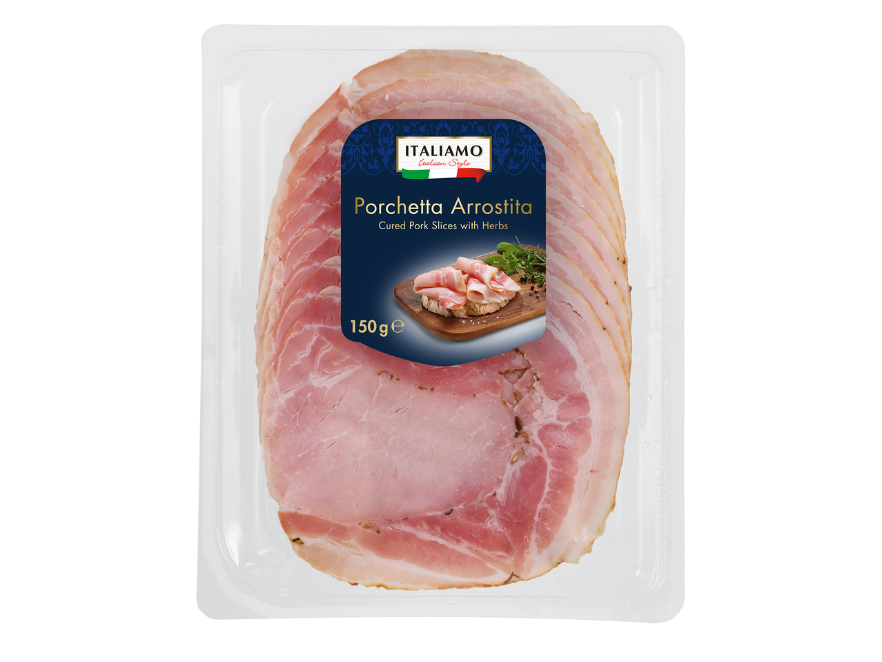 Tranches de porchetta arrostita (porc salé aux herbes) dans un emballage en plastique.