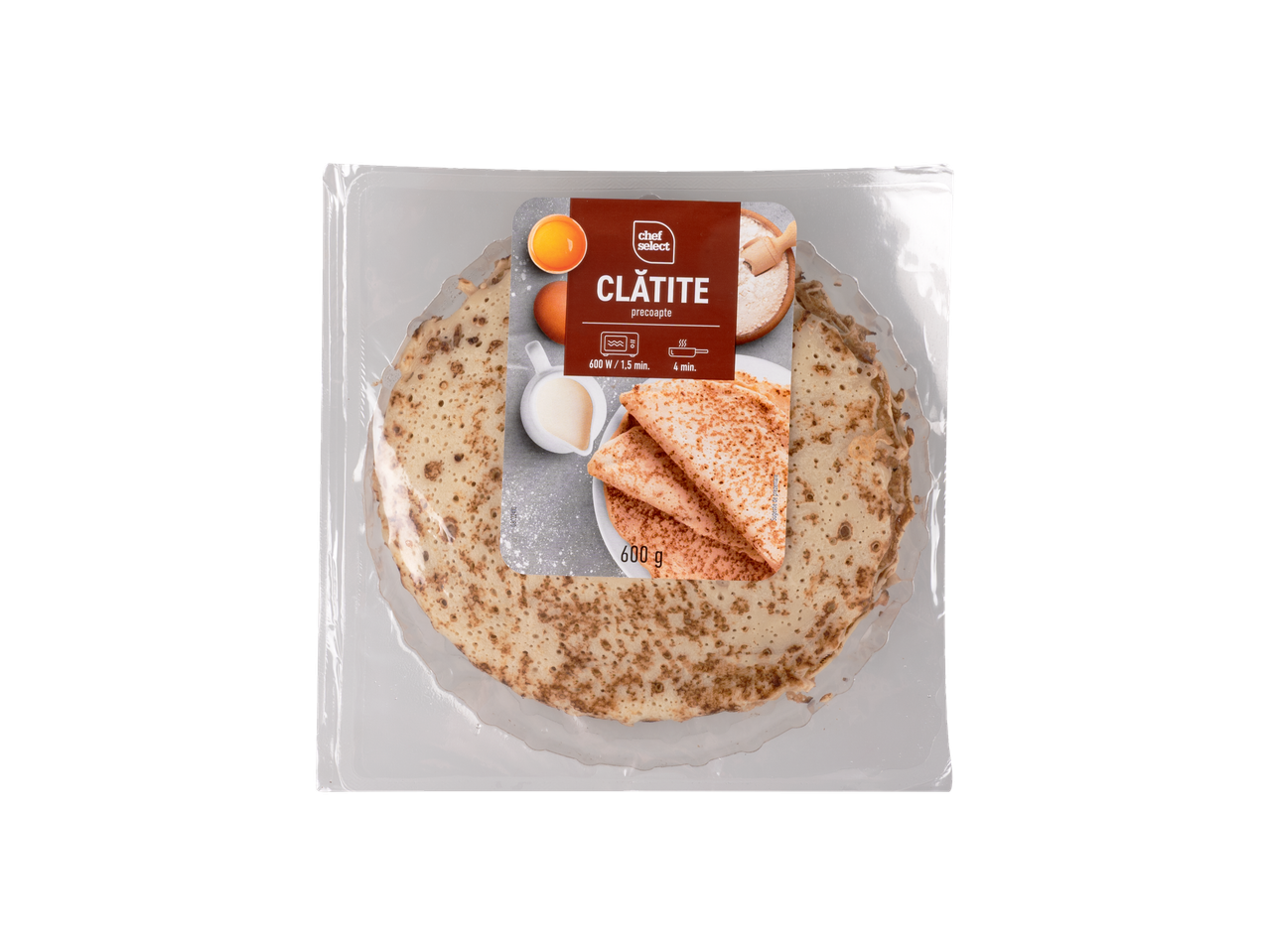 Clătite Chef Select pre-coapte, 600g, ambalaj transparent.