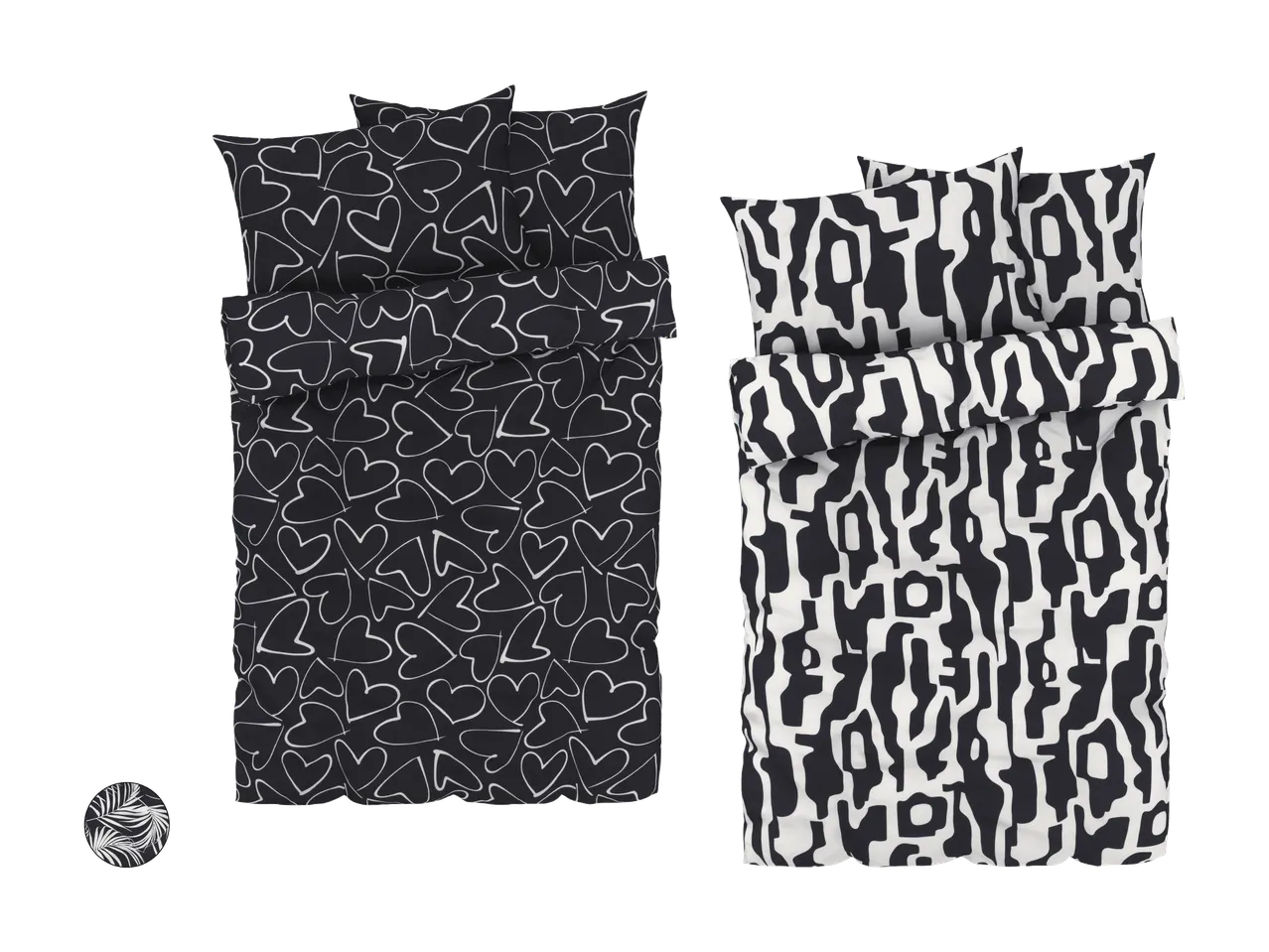 Deux parures de lit noires et blanches avec motifs : cœurs et formes abstraites.