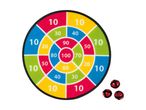 Colorful dartboard with numbers and three red and black balls.