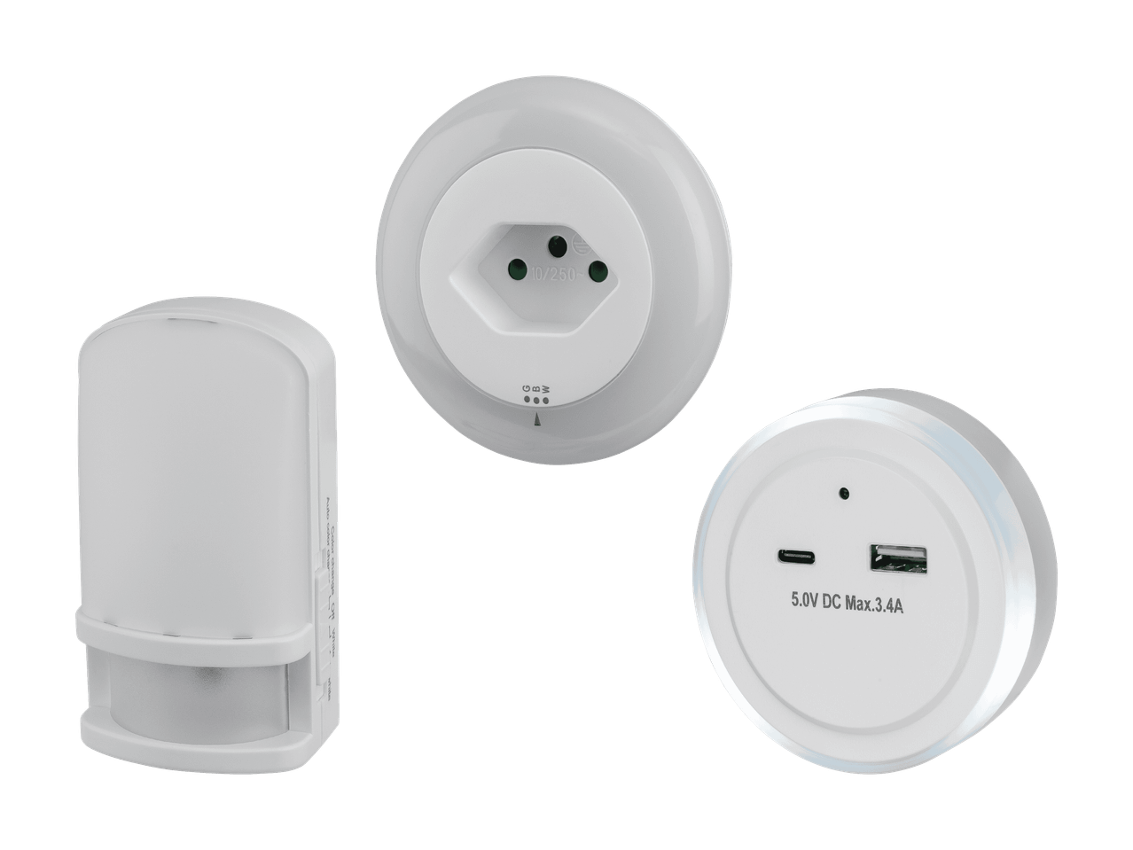 Trois vues d'une veilleuse blanche avec prise de courant, ports USB et capteur de mouvement.