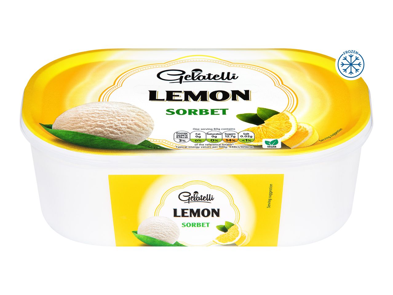 Lemon sorbet tub with a scoop of sorbet, lemon slices, and nutritional information.