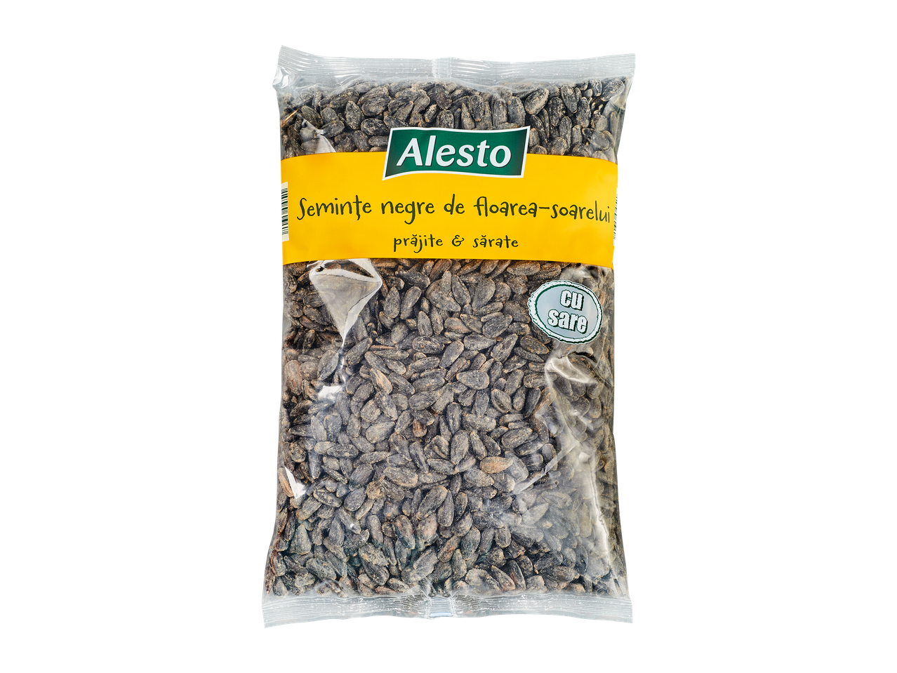 Pachet de semințe negre de floarea-soarelui prăjite și sărate Alesto.