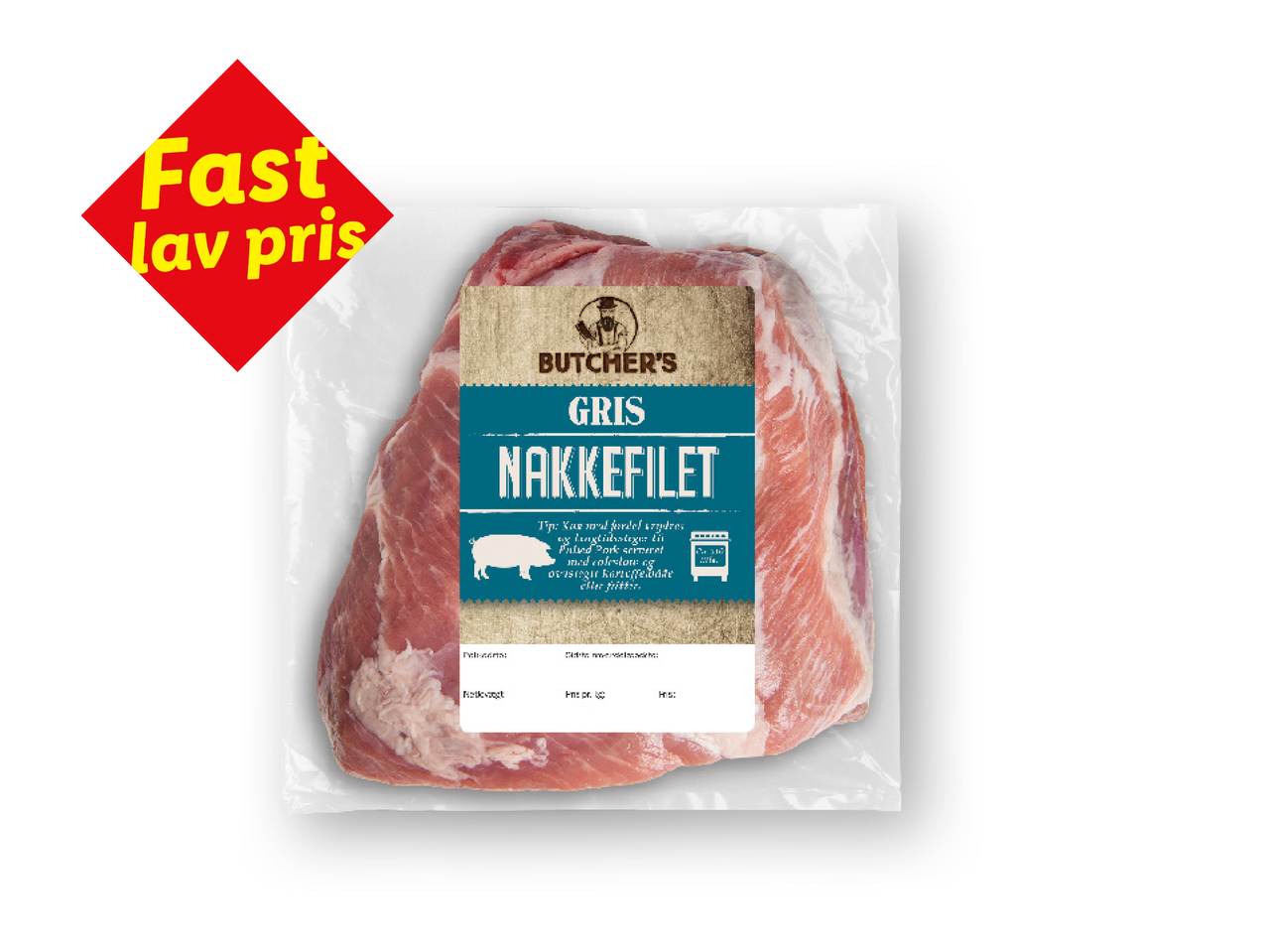 Pakket nakkefilet af gris med en rød prismærkat, der siger 'Fast lav pris'.