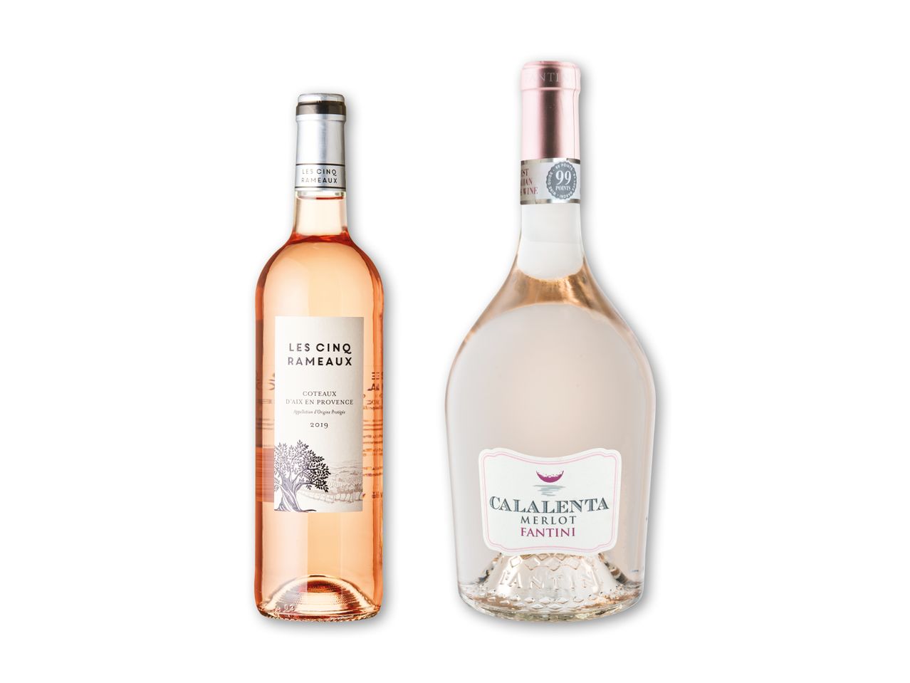 To flasker rosévin, den ene med en hvid etiket med et træmotiv og årstallet 2019, den anden med en lyserød etiket.