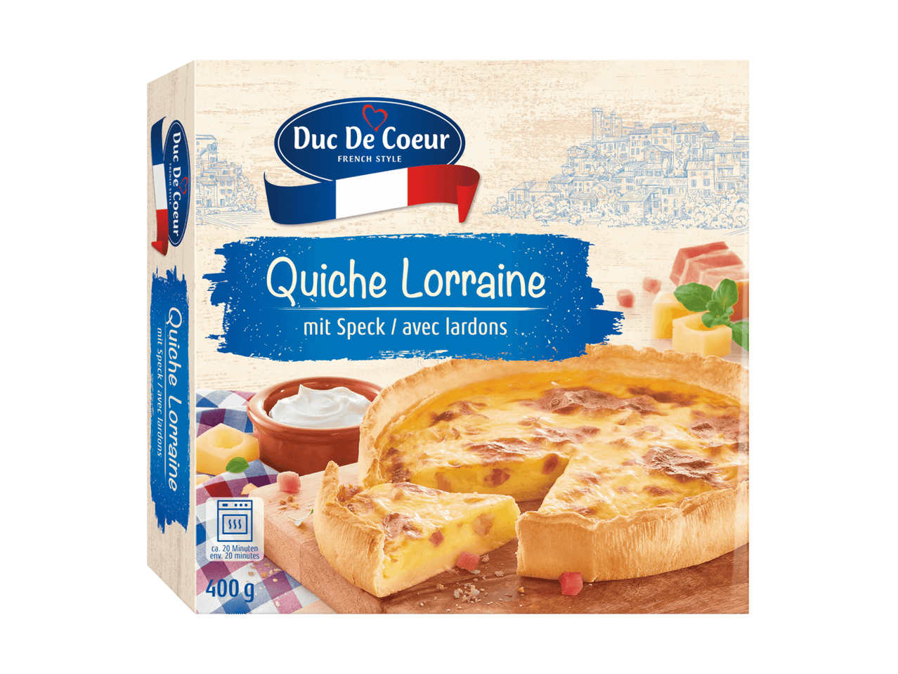 Confezione di Quiche Lorraine con pancetta, marchio Duc De Coeur.