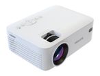 White portable projector with control buttons, focus wheel, and lens