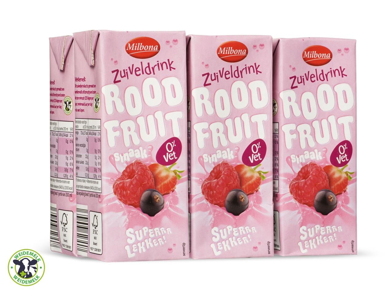 Drie Milbona Rood Fruit zuiveldrank pakjes.
