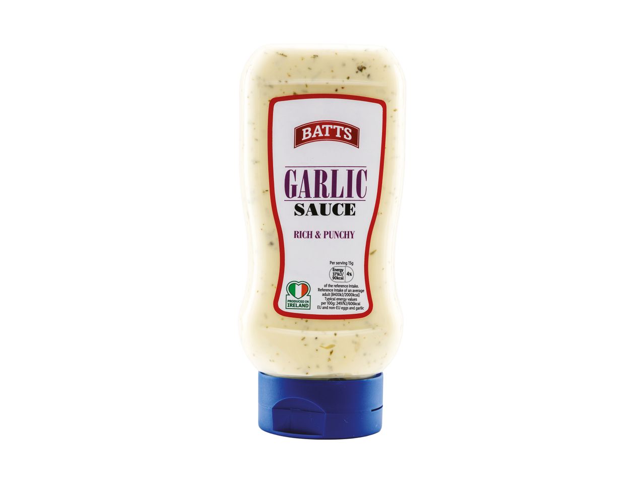 Garlic sauce bottle with a label stating 'Rich & Punchy' and nutritional information.