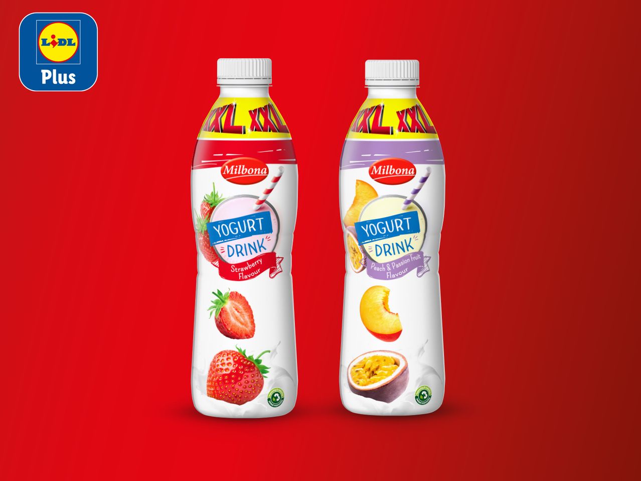 Dvije boce Milbona jogurt napitka, jedna s okusom jagode, druga s okusom breskve i marakuje.