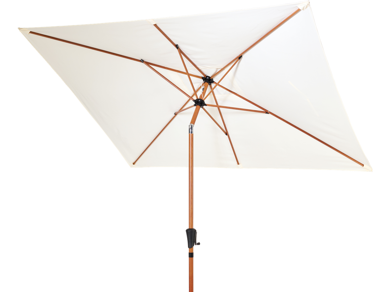 Livarno Crank & Tilt Parasol, white square canopy with wooden frame, viewed from below.