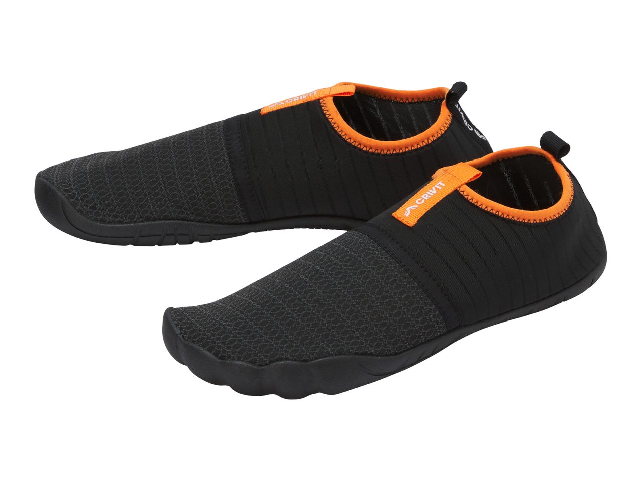 Pair of black and orange water shoes with textured mesh and ribbed fabric.