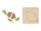 Wooden turtle puzzle with four pieces and a matching wooden board.