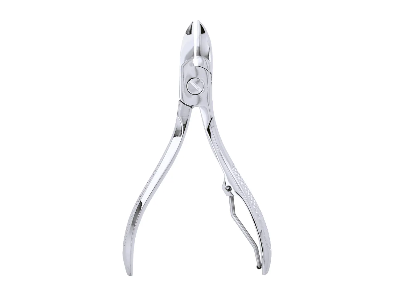 Silver cuticle nippers with textured handles on a white background.