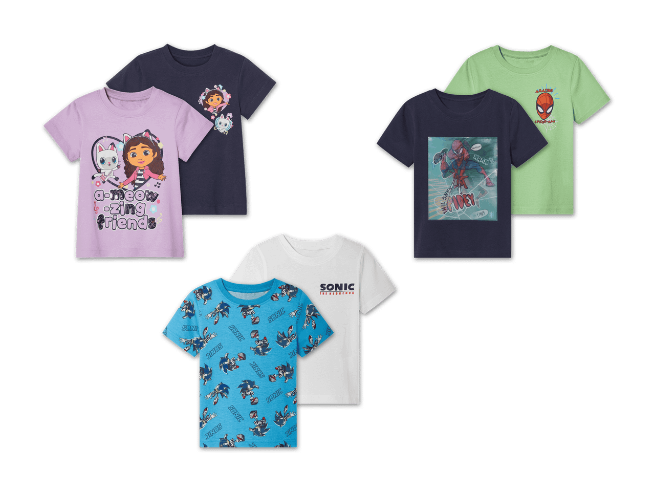 Sortiment von Kinder-T-Shirts mit verschiedenen Motiven und Farben.