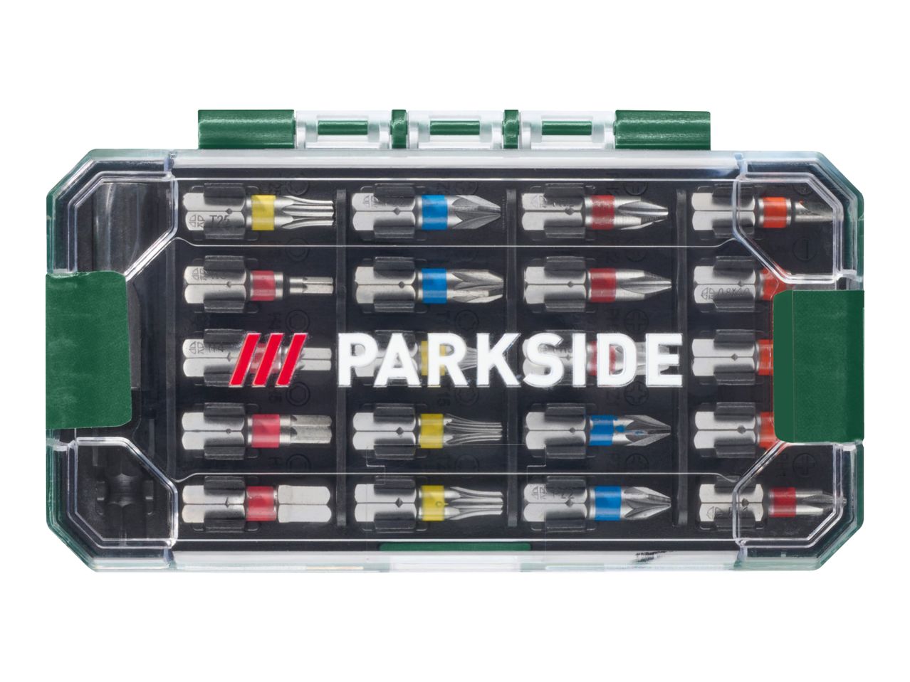 A set of screwdriver bits in a clear case with green accents, featuring various bit types.
