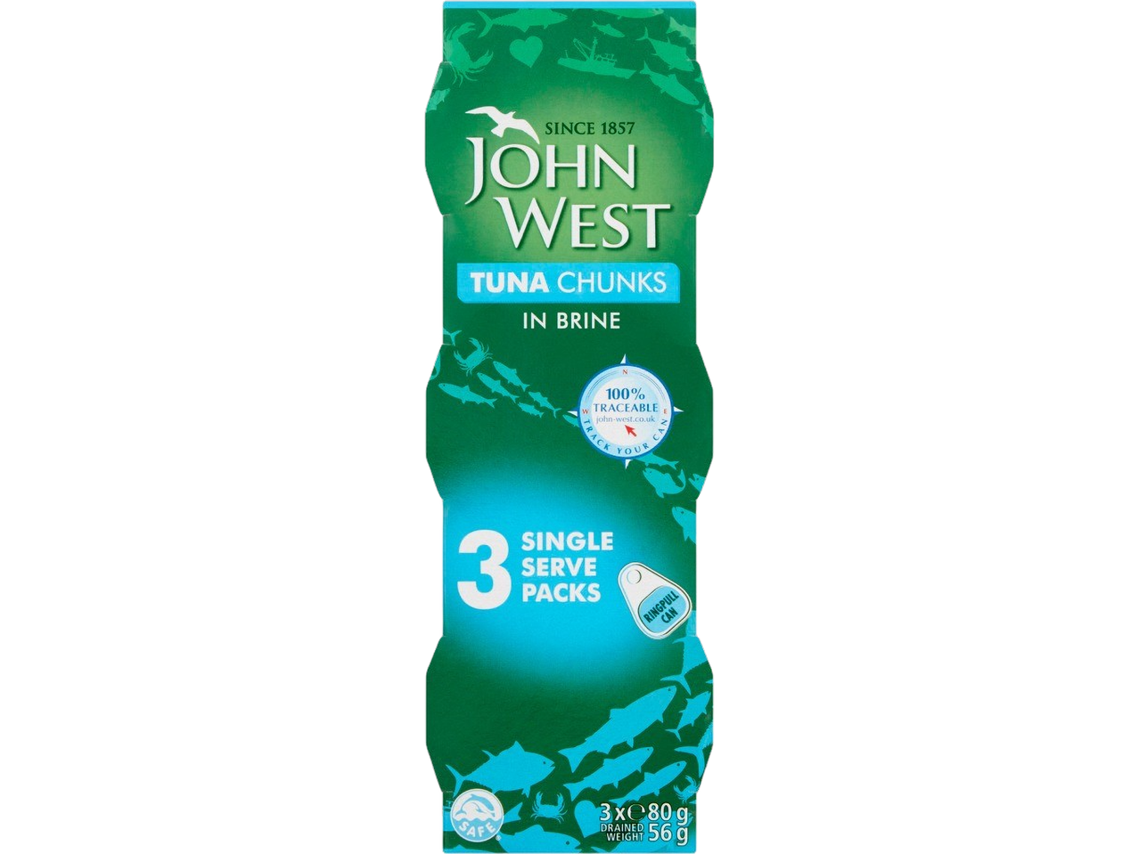 John West Tuna Chunks in Brine, 3x80g single-serve packs with ring-pull cans.