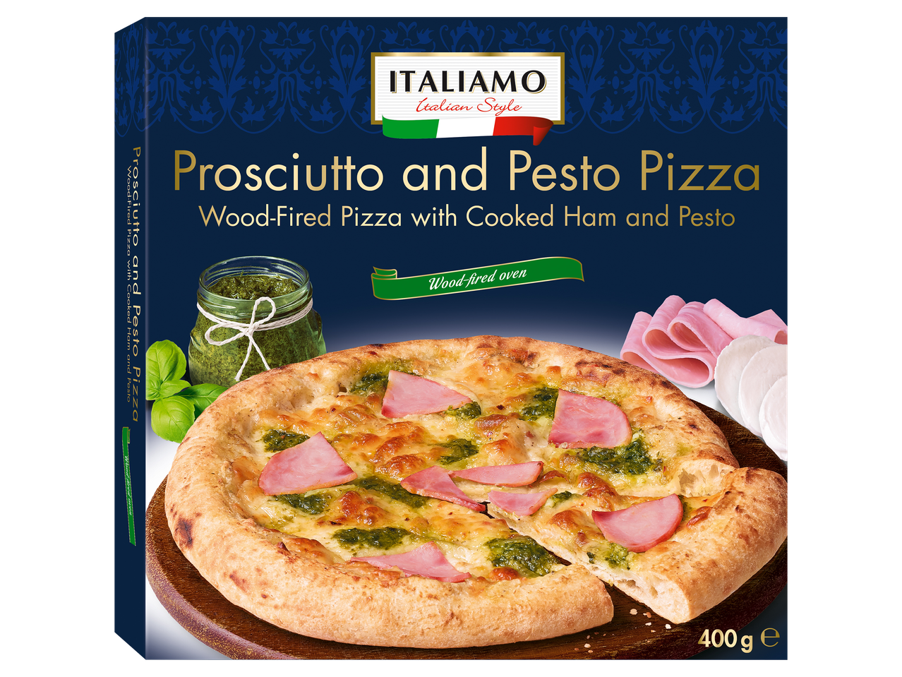 Kemencés sonkás-pesztós pizza doboza.