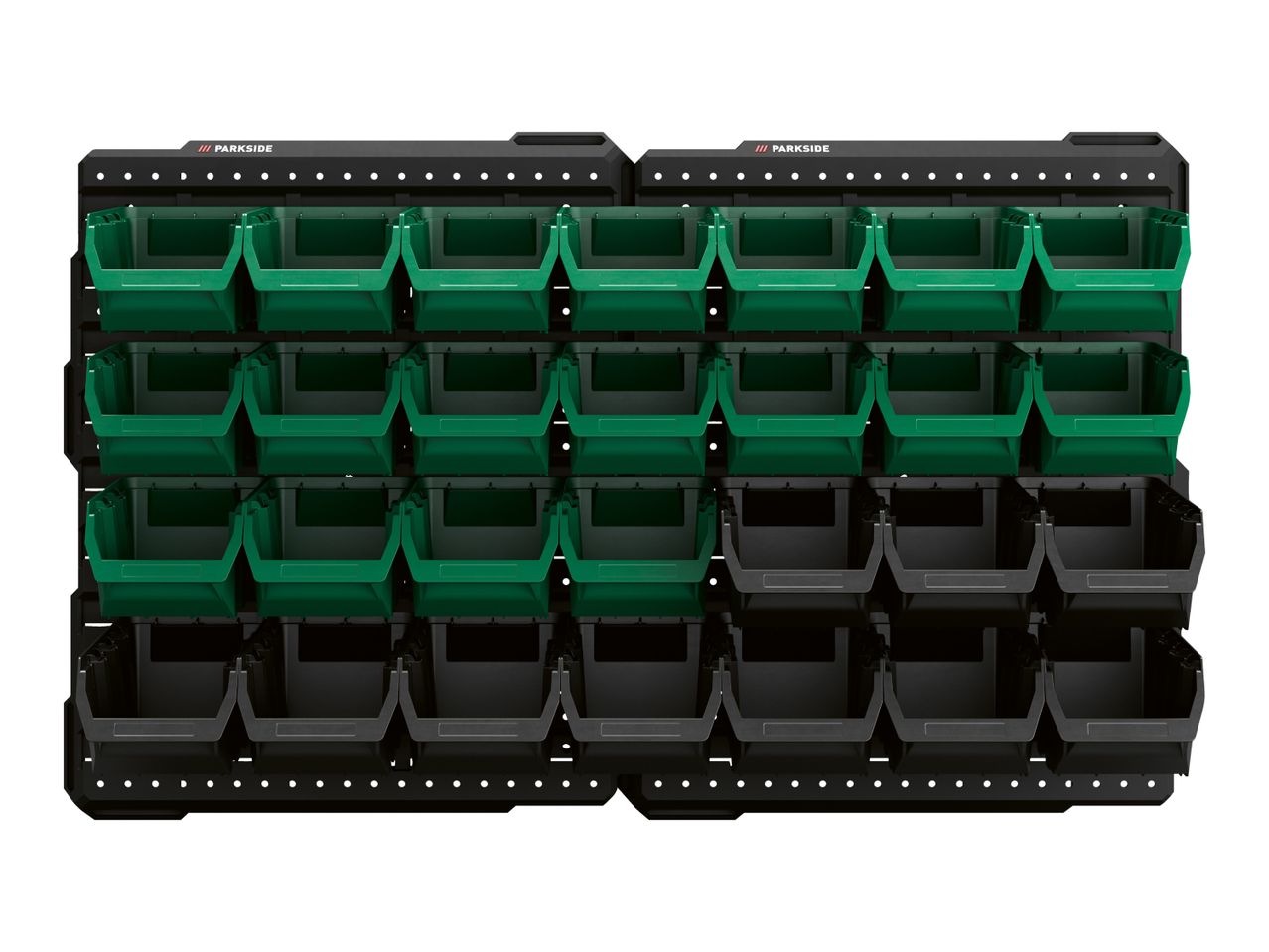 Wall-mounted storage system with green and black bins for organizing small parts.